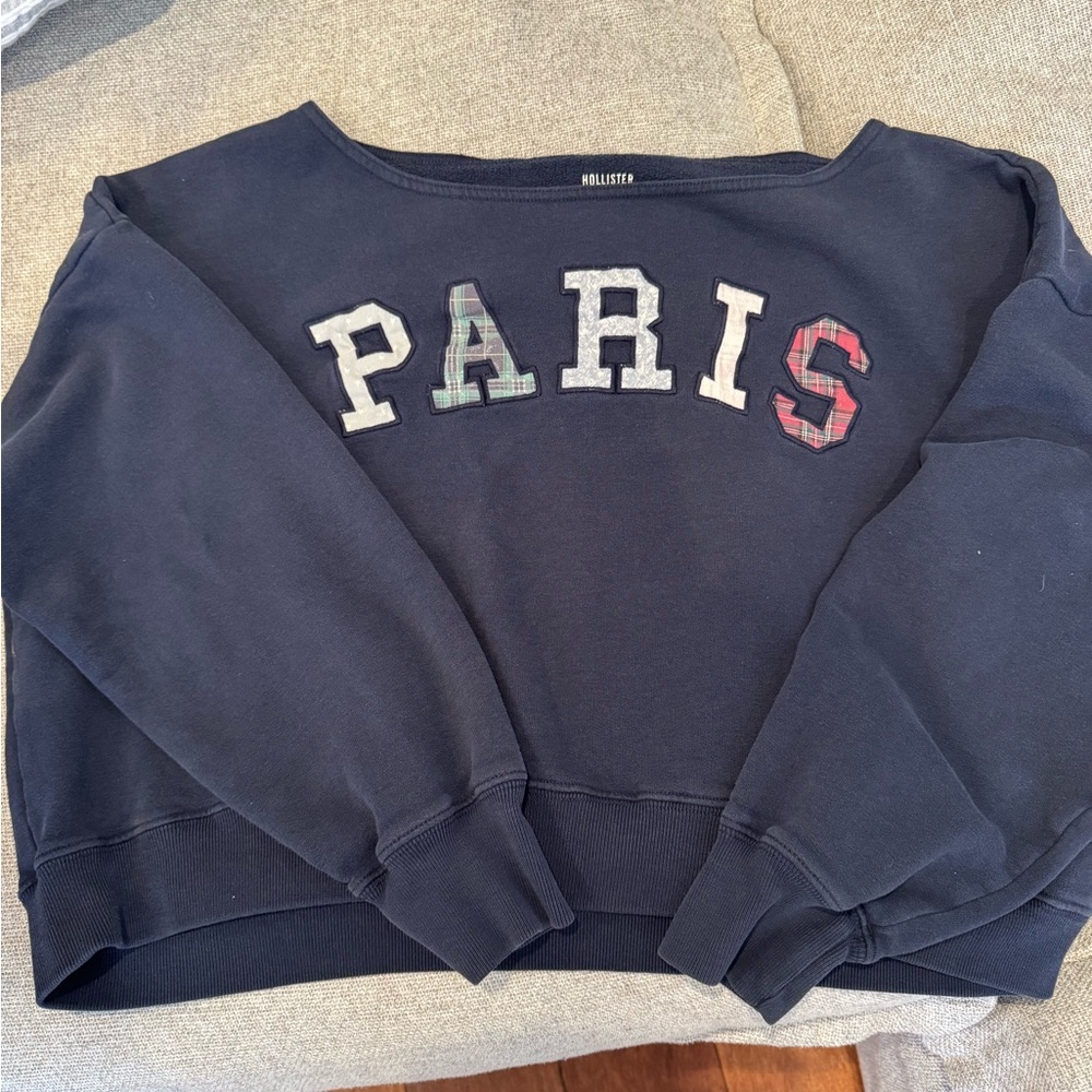Hollister Navy Crewneck Sweatshirt with Plaid 'PARIS' Appliqué